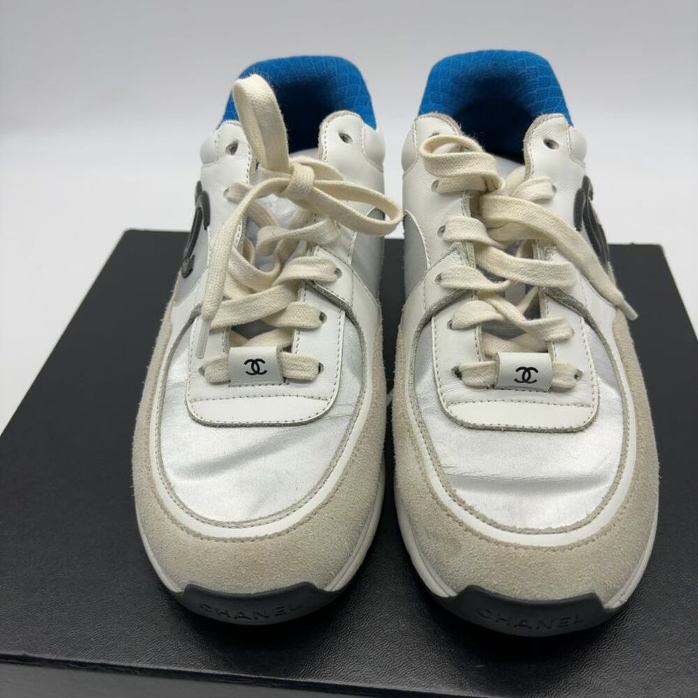 CHANEL White and Blue Sneakers